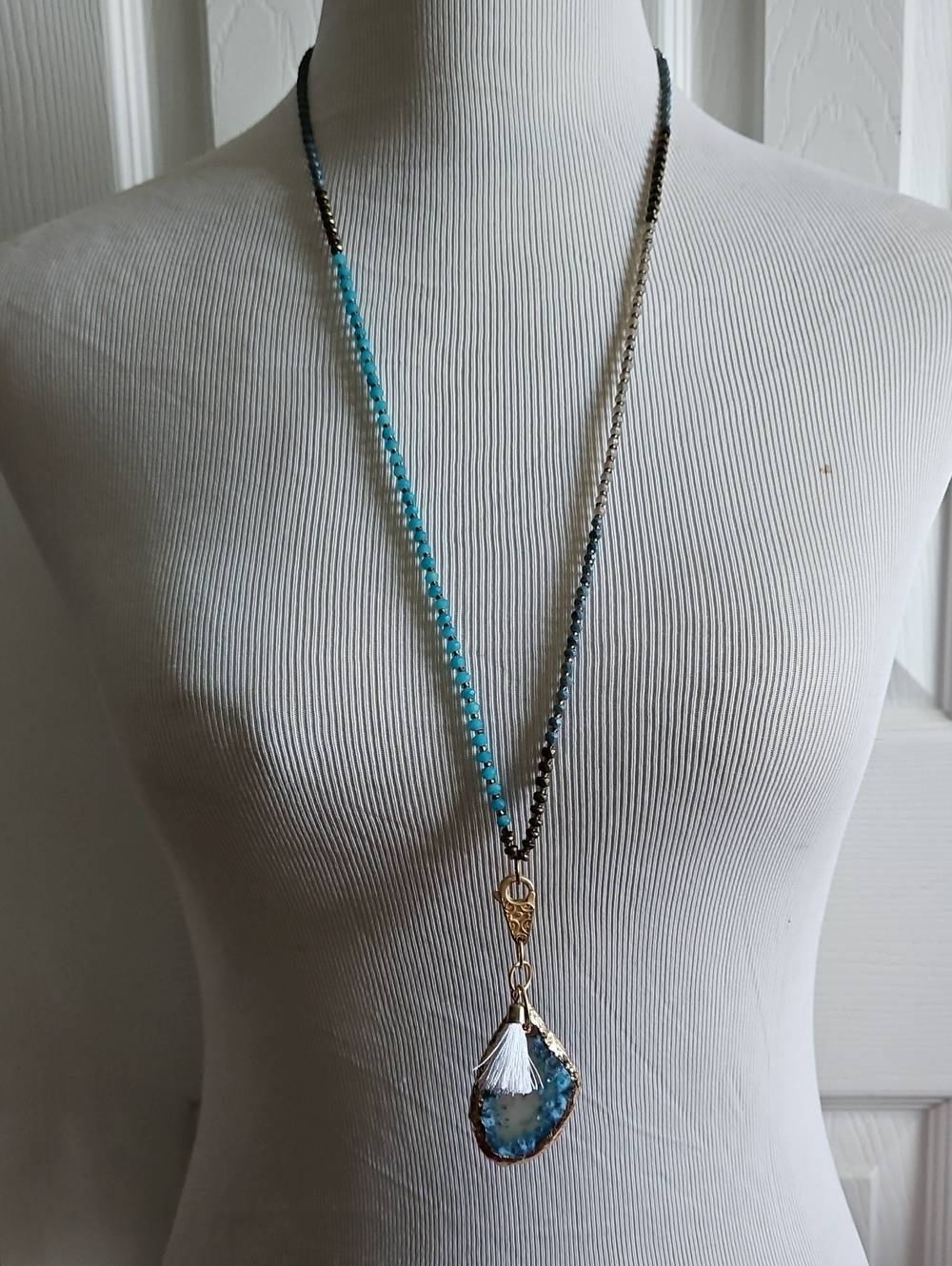 Multi Beaded Tassel Blue Stone Pendant Necklace